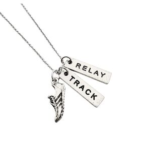 Pewter RUN TRACK RELAY Necklace - Pewter Running Shoe Charm, Pewter TRACK Pendant and Pewter RELAY Pendant on 18 inch Stainless Steel Cable Chain - All Pewter
