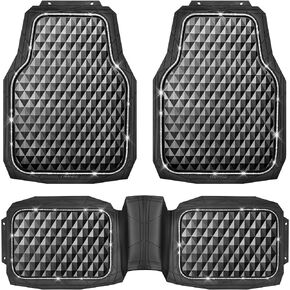 CAR PASS Bling Diamond Rubber Car Mats, Heavy Duty Deep Dish All-Weather Floor Mat Full Set Anti-Slip 3D Rhombus Waterproof Trim to Fit Liner Universal Glitter Sparkly Shining Rhinestone, 3 Pcs Black