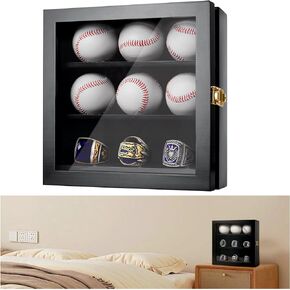 Baseball Display Case Championship Ring Display Case, Wooden Wall Cabinet with Lock for Collection Autographed Baseball Championship Ring, for Children