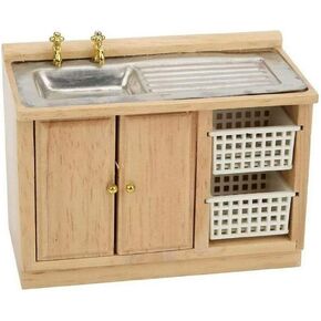 1:12 Dollhouse Miniature Furniture Bathroom Kitchen Sink with Cabinet Basin Set Dolls House Light Oak Sink Unit w Towel Rail Miniature Wooden Kitchen Furniture