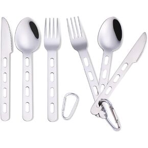 Camping Cutlery Set, 8Pcs Stainless Steel Camping Utensils Travel Flatware Set, Fork Spoon Cutter Set with Carabiner for Hiking Picnic Outdoor Backpacking Silverware