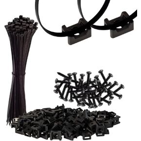 GTSE 8 Inch black Zip Ties, Saddle Mounts and Self Tapping Screws Set, 100 Pack Cable Ties, 50lb Strength, UV Resistant Strong Self-Locking Tie Wraps