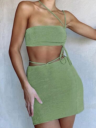DRESBE Women's Two Piece Outfit Crop Top and Skirt Set Drawstring Off Shoulder Crop Tops High Waist Mini Skirts Sexy Clubwear in Saudi Arabia
