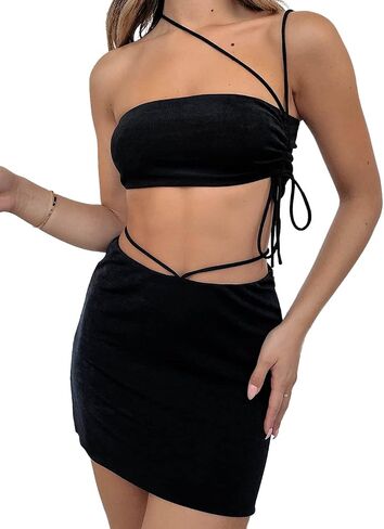 DRESBE Women's Two Piece Outfit Crop Top and Skirt Set Drawstring Off Shoulder Crop Tops High Waist Mini Skirts Sexy Clubwear in Saudi Arabia