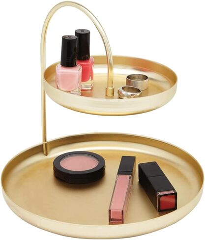 2-Tier Round Gold Jewelry Tray Organizer with Curved Lip, 8 Inch Double Decorative Vanity Tray Platter Necklace Holder, Multi Layer Makeup Storage Display Standing Shelf Tray, Matte Brass, Exxacttorch in Saudi Arabia