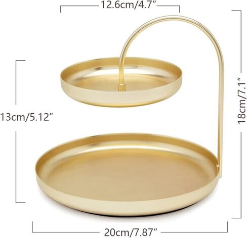 2-Tier Round Gold Jewelry Tray Organizer with Curved Lip, 8 Inch Double Decorative Vanity Tray Platter Necklace Holder, Multi Layer Makeup Storage Display Standing Shelf Tray, Matte Brass, Exxacttorch in Saudi Arabia