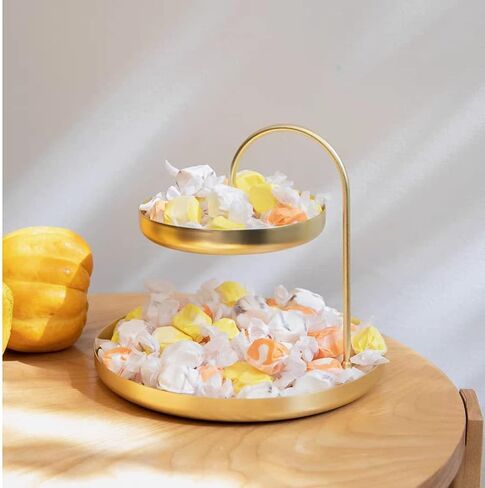 2-Tier Round Gold Jewelry Tray Organizer with Curved Lip, 8 Inch Double Decorative Vanity Tray Platter Necklace Holder, Multi Layer Makeup Storage Display Standing Shelf Tray, Matte Brass, Exxacttorch in Saudi Arabia