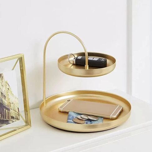2-Tier Round Gold Jewelry Tray Organizer with Curved Lip, 8 Inch Double Decorative Vanity Tray Platter Necklace Holder, Multi Layer Makeup Storage Display Standing Shelf Tray, Matte Brass, Exxacttorch in Saudi Arabia