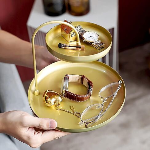 2-Tier Round Gold Jewelry Tray Organizer with Curved Lip, 8 Inch Double Decorative Vanity Tray Platter Necklace Holder, Multi Layer Makeup Storage Display Standing Shelf Tray, Matte Brass, Exxacttorch in Saudi Arabia