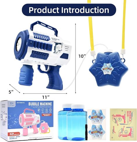 Bubble Machine 12 Hole Automatic Blaster, Light Up Bubble Gun with 2 Bubble Solutions Equipped Big Magezine, Outdoor Toys for Kids Ages 6+,Gifts for 6 7 8 9 Year Boys & Girls, Supply for Party Blue in Saudi Arabia