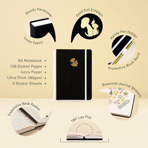 Ottergami B5 Bullet Dot Journal. Large Dotted Notebook. Hardcover. 180gsm Dot Paper. Premium Grid Notebook Incl. Pen Test Page, Elastic Enclosure, Pen Holder, Inner Pocket & Stickers. The Botanical in Saudi Arabia