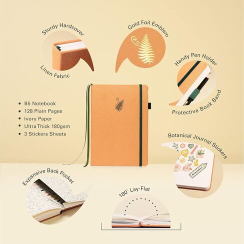 Ottergami B5 Bullet Dot Journal. Large Dotted Notebook. Hardcover. 180gsm Dot Paper. Premium Grid Notebook Incl. Pen Test Page, Elastic Enclosure, Pen Holder, Inner Pocket & Stickers. The Botanical in Saudi Arabia