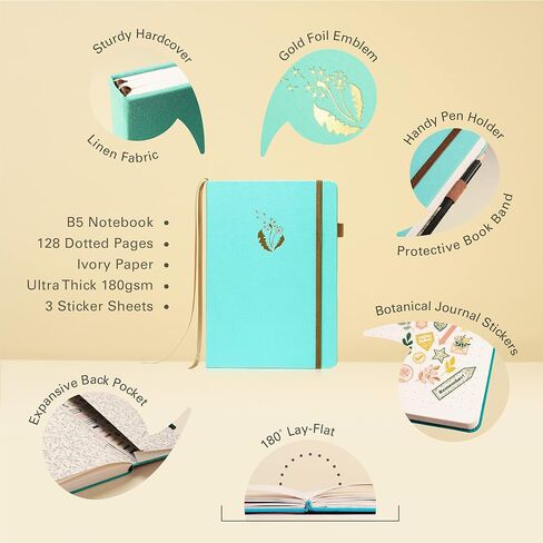 Ottergami B5 Bullet Dot Journal. Large Dotted Notebook. Hardcover. 180gsm Dot Paper. Premium Grid Notebook Incl. Pen Test Page, Elastic Enclosure, Pen Holder, Inner Pocket & Stickers. The Botanical in Saudi Arabia