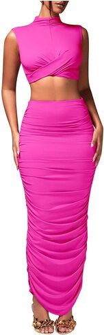 Women's Sexy 2 Piece Outfits Solid Mock Neck Criss Cross Crop Top Tank Top and Ruched Maxi Skirt Bodycon Skirt Sets in Saudi Arabia
