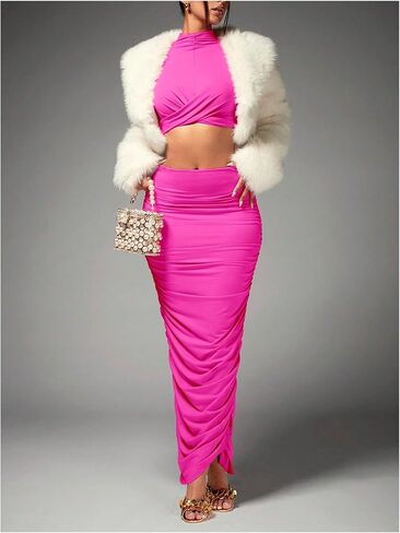 Women's Sexy 2 Piece Outfits Solid Mock Neck Criss Cross Crop Top Tank Top and Ruched Maxi Skirt Bodycon Skirt Sets in Saudi Arabia