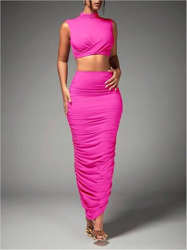Women's Sexy 2 Piece Outfits Solid Mock Neck Criss Cross Crop Top Tank Top and Ruched Maxi Skirt Bodycon Skirt Sets in Saudi Arabia