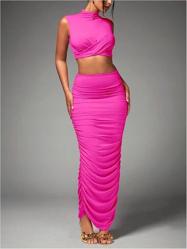 Women's Sexy 2 Piece Outfits Solid Mock Neck Criss Cross Crop Top Tank Top and Ruched Maxi Skirt Bodycon Skirt Sets in Saudi Arabia