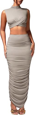 Women's Sexy 2 Piece Outfits Solid Mock Neck Criss Cross Crop Top Tank Top and Ruched Maxi Skirt Bodycon Skirt Sets in Saudi Arabia