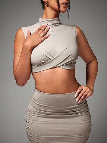 Women's Sexy 2 Piece Outfits Solid Mock Neck Criss Cross Crop Top Tank Top and Ruched Maxi Skirt Bodycon Skirt Sets in Saudi Arabia