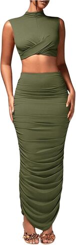 Women's Sexy 2 Piece Outfits Solid Mock Neck Criss Cross Crop Top Tank Top and Ruched Maxi Skirt Bodycon Skirt Sets in Saudi Arabia