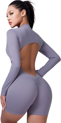 Women's V Back Scrunch Butt Jumpsuit Backless Long Sleeve Front Zip One Piece Yoga Rompers Workout Gym Bodysuit in Saudi Arabia