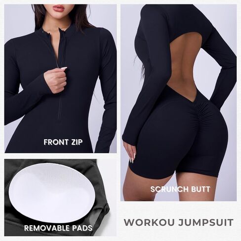 Women's V Back Scrunch Butt Jumpsuit Backless Long Sleeve Front Zip One Piece Yoga Rompers Workout Gym Bodysuit in Saudi Arabia