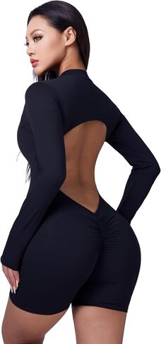Women's V Back Scrunch Butt Jumpsuit Backless Long Sleeve Front Zip One Piece Yoga Rompers Workout Gym Bodysuit in Saudi Arabia