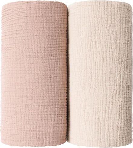 قطعتان من بطانيات استقبال قماط الموسلين للجنسين حديثي الولادة مصنوعة من القطن بنسبة 100% لفافة قماط الحضانة للأطفال البنات والأولاد، مقاس - 47 * 47 بوصة (وردي وعاجي) in Kuwait