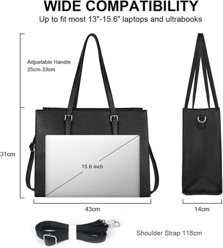 حقيبة كمبيوتر محمول للنساء، حقيبة كمبيوتر من جلد البولي يوريثان مقاس 15.6 بوصة، حقيبة كتف ذات سعة كبيرة، حقيبة يد حقيبة عمل للعمل والسفر والمكتب، أسود in Kuwait