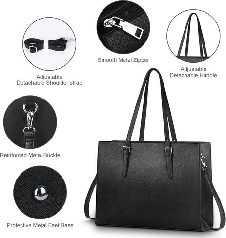 حقيبة كمبيوتر محمول للنساء، حقيبة كمبيوتر من جلد البولي يوريثان مقاس 15.6 بوصة، حقيبة كتف ذات سعة كبيرة، حقيبة يد حقيبة عمل للعمل والسفر والمكتب، أسود in Kuwait