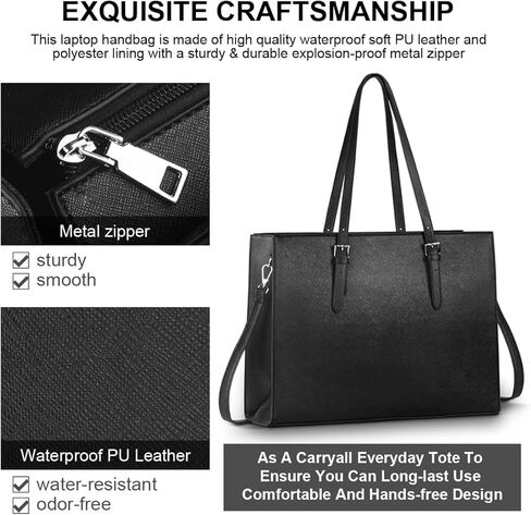 حقيبة كمبيوتر محمول للنساء، حقيبة كمبيوتر من جلد البولي يوريثان مقاس 15.6 بوصة، حقيبة كتف ذات سعة كبيرة، حقيبة يد حقيبة عمل للعمل والسفر والمكتب، أسود in Kuwait