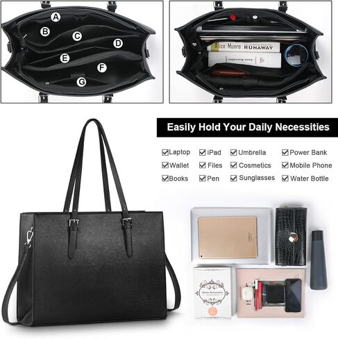 حقيبة كمبيوتر محمول للنساء، حقيبة كمبيوتر من جلد البولي يوريثان مقاس 15.6 بوصة، حقيبة كتف ذات سعة كبيرة، حقيبة يد حقيبة عمل للعمل والسفر والمكتب، أسود in Kuwait