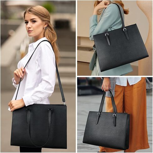 حقيبة كمبيوتر محمول للنساء، حقيبة كمبيوتر من جلد البولي يوريثان مقاس 15.6 بوصة، حقيبة كتف ذات سعة كبيرة، حقيبة يد حقيبة عمل للعمل والسفر والمكتب، أسود in Kuwait