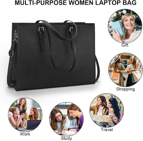 حقيبة كمبيوتر محمول للنساء، حقيبة كمبيوتر من جلد البولي يوريثان مقاس 15.6 بوصة، حقيبة كتف ذات سعة كبيرة، حقيبة يد حقيبة عمل للعمل والسفر والمكتب، أسود in Kuwait