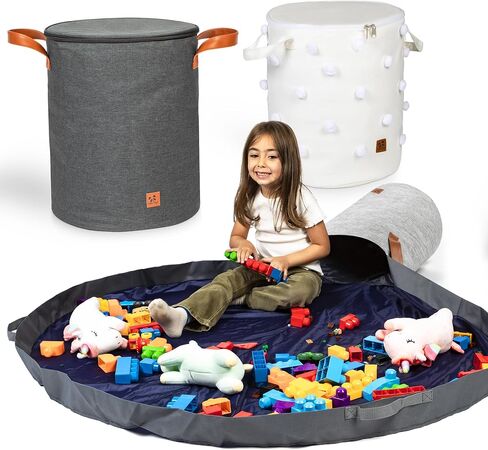 Toy Storage Basket and Playmat - Large Toy Blanket Storage Mat with Zippers - Slide Away Canvas Bag Storage Bin - Sturdy Kids Storage Baskets & Mat - Toy Bag Play Mat For Girls & Boys, Light Grey in Saudi Arabia