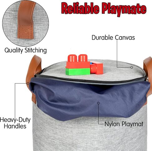 Toy Storage Basket and Playmat - Large Toy Blanket Storage Mat with Zippers - Slide Away Canvas Bag Storage Bin - Sturdy Kids Storage Baskets & Mat - Toy Bag Play Mat For Girls & Boys, Light Grey in Saudi Arabia