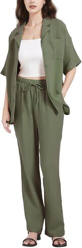 Flygo Women Casual 2 Piece Outfits Pajamas Sets Loungewear Button Down Shirt Tops and Pants Cotton Linen Set in Saudi Arabia