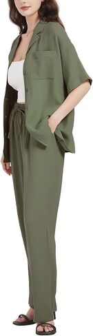 Flygo Women Casual 2 Piece Outfits Pajamas Sets Loungewear Button Down Shirt Tops and Pants Cotton Linen Set in Saudi Arabia