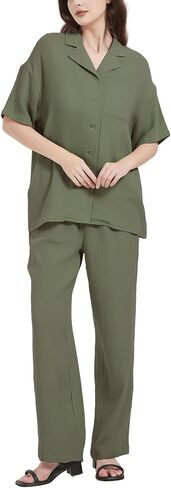 Flygo Women Casual 2 Piece Outfits Pajamas Sets Loungewear Button Down Shirt Tops and Pants Cotton Linen Set in Saudi Arabia