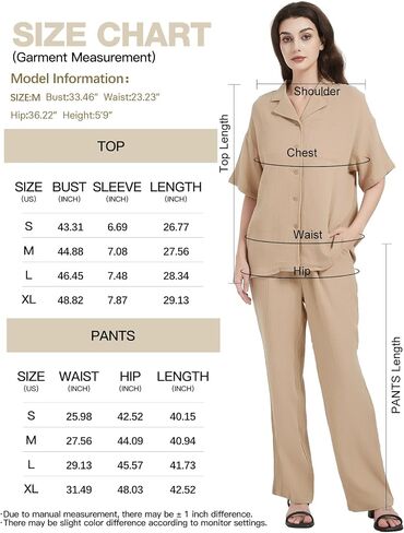 Flygo Women Casual 2 Piece Outfits Pajamas Sets Loungewear Button Down Shirt Tops and Pants Cotton Linen Set in Saudi Arabia