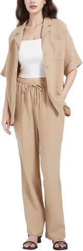 Flygo Women Casual 2 Piece Outfits Pajamas Sets Loungewear Button Down Shirt Tops and Pants Cotton Linen Set in Saudi Arabia