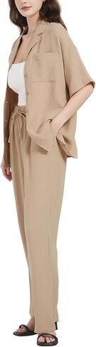 Flygo Women Casual 2 Piece Outfits Pajamas Sets Loungewear Button Down Shirt Tops and Pants Cotton Linen Set in Saudi Arabia