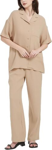 Flygo Women Casual 2 Piece Outfits Pajamas Sets Loungewear Button Down Shirt Tops and Pants Cotton Linen Set in Saudi Arabia
