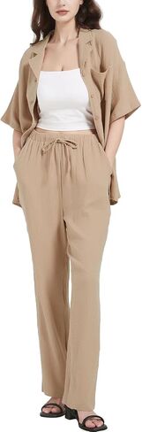Flygo Women Casual 2 Piece Outfits Pajamas Sets Loungewear Button Down Shirt Tops and Pants Cotton Linen Set in Saudi Arabia