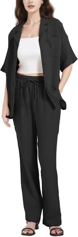 Flygo Women Casual 2 Piece Outfits Pajamas Sets Loungewear Button Down Shirt Tops and Pants Cotton Linen Set in Saudi Arabia