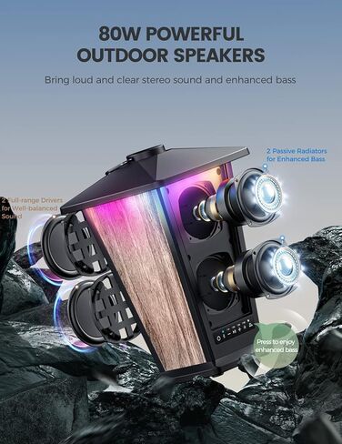 Bluetooth Speaker, 80W Outdoor Waterproof Wireless Speaker with Punchy Bass & Beat-Driven Lights Show, Multi-Sync up to 100 Speakers, Big Loud Surround Stereo Sound System for Party/Pool/Patio, 2 Pack in Kuwait