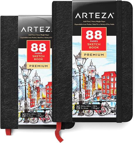 مجموعة كتب رسم صغيرة من Arteza مكونة من قطعتين، لوحة رسم مقاس 3.5 × 5.5 بوصة، وسادات رسم للجيب مكونة من 88 صفحة مع ورق بوزن 118 رطل، وشريط إشارة مرجعية، وجيب داخلي، وحزام مطاطي، وكتاب رسم للوسائط الجافة in Saudi Arabia