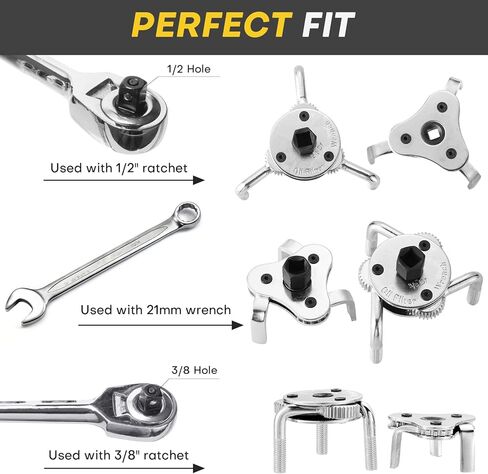مفتاح فلتر زيت قابل للتعديل، طقم أدوات إزالة فلتر الزيت 2 قطعة 3 فك، 2-1/2 إلى 4 بوصة ومن 3 إلى 5-1/2 بوصة، يستخدم مع سقاطات محرك 3/8 أو 1/2 بوصة للسيارات والشاحنات والدراجات النارية in Kuwait
