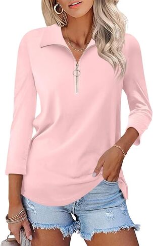 Minetom Women's V Neck 3/4 Sleeve Tops Quarter Zip Collared Shirts Polo Shirts Summer Tees in Saudi Arabia