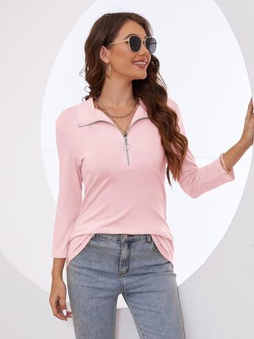 Minetom Women's V Neck 3/4 Sleeve Tops Quarter Zip Collared Shirts Polo Shirts Summer Tees in Saudi Arabia